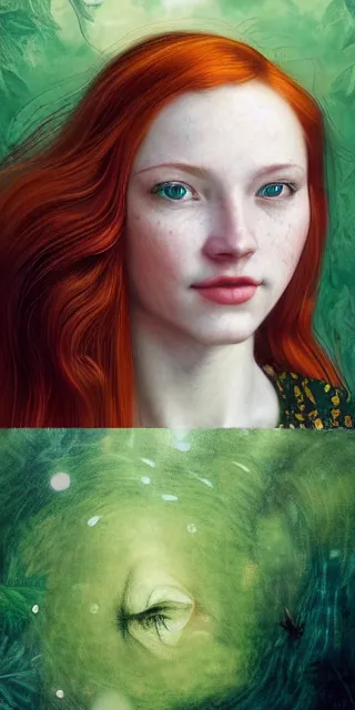 Image similar to infp young woman, smiling amazed, golden fireflies lights, amidst of nature fully covered, long red hair, intricate linework, accurate green eyes, small nose with freckles, oval shape face, realistic, expressive emotions, dramatic lights mystical scene, hyper realistic ultrafine art by artemisia gentileschi, caravaggio, jessica rossier, boris vallejo