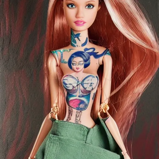 Prompt: photorealistic barbie with tattoos and torn clothes. painting by stanley lau and mc escher masterpiece