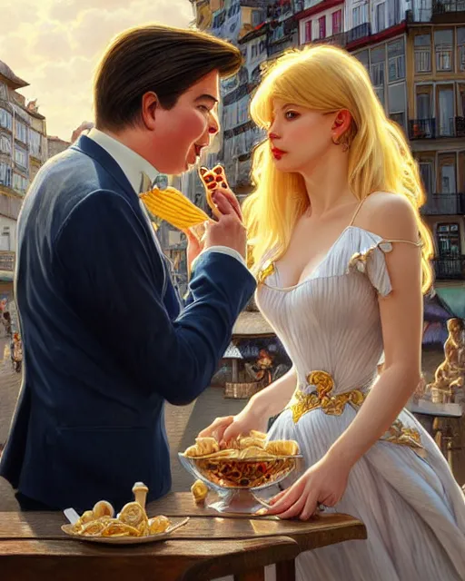 Image similar to Portrait of a blonde lady and Michael mcintyre eating ice creams in Porto,real life skin, intricate, elegant, highly detailed, artstation, concept art, smooth, sharp focus, art by artgerm and greg rutkowski and alphonse mucha