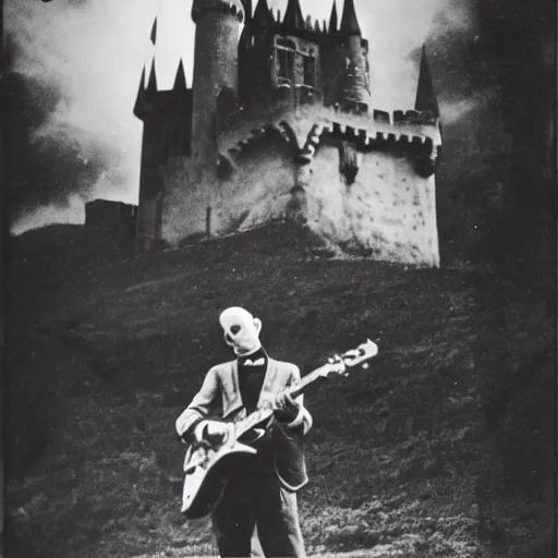 Image similar to vintage photograph of count orlok outside his castle, playing the blues on guitar, castle in the background, 4 k