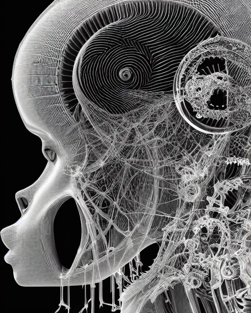 Image similar to mythical dreamy black and white organic bio-mechanical spinal ribbed profile face portrait detail of translucent steampunk bio-mechanical beautiful female angelic-human-queen-vegetal-cyborg, highly detailed, intricate crystal jelly ornate, poetic, 3D render, digital art, octane render, 8K artistic photography, photo-realistic, by Dora Maar