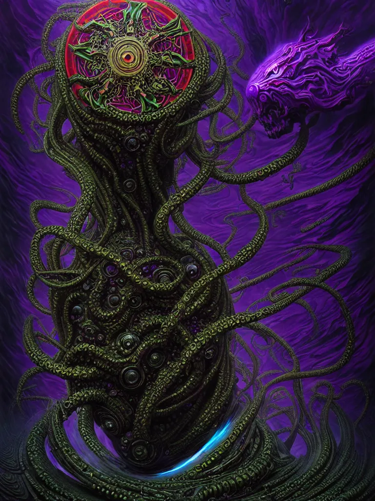 Image similar to depicting a wrathful technological nightmare monster god, in the style of h. p. lovecraft, exuberant organic elegant forms, by karol bak and filip hodas : : 1. 4 purple, red, blue, green, black intricate mandala explosions : : intuit art : : turbulent water backdrop : : damask wallpaper : : atmospheric