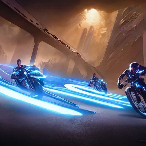 Prompt: tron legacy light cycles racing in game by artgerm and greg rutkowski and alphonse mucha, zaha hadid, an epic fantasy, volumetric light, detailed, octane render, midsommar