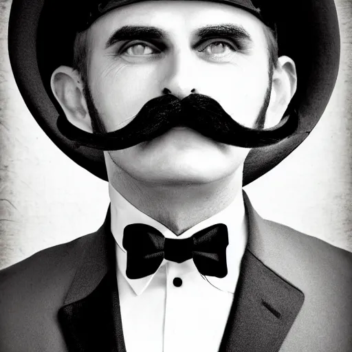 Prompt: man with large swirly black moustache, giant nose, sailors hat, portrait, real life photo
