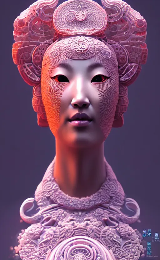 Image similar to 3 d goddess close - up profile portrait. beautiful intricate highly detailed korean gumiho mask and traditional korean hanbok. stingray, magpie, bio luminescent, plasma, lava, ice, water, wind, creature, artwork by tooth wu and wlop and beeple and greg rutkowski, cgsociety,