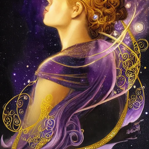 Image similar to queen of the stars goddess, gentle, dreamy purples and golds and orange, flowing stars and planets, arcane, highly detailed, intricate, beautiful, face radiates light, the moon around her, sitting upon a throne, cinematic lighting, cinematic, ultra detailed, hyperrealism, art nouveau, alan lee, celestial symbols, dynamic pose, dramatic lighting, concept art, hdri, 4k -