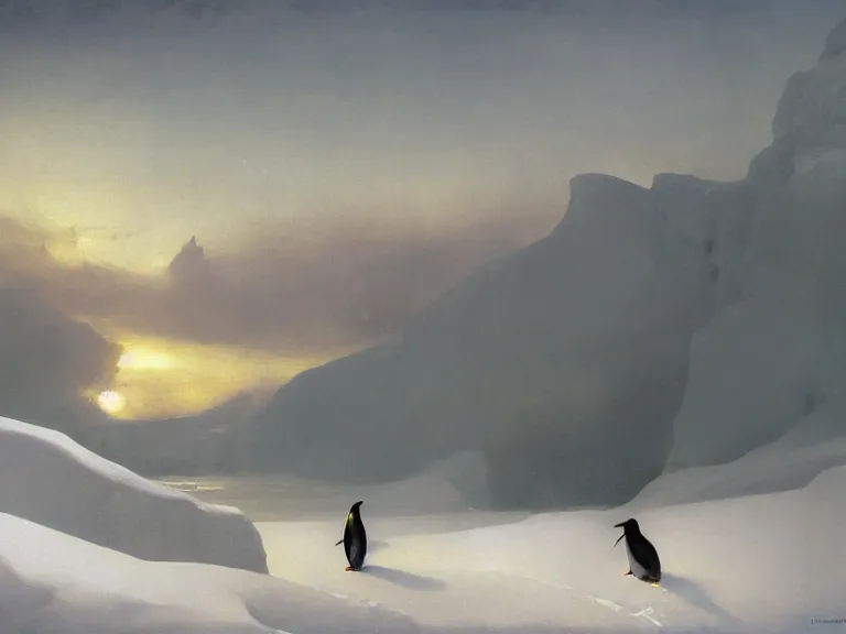 Image similar to an oil painting of a penguin playing in pure white snow on a misty glacier at dusk. aurora. by tuomas korpi moebius and carl spitzweg. baroque elements. intricate artwork by caravaggio. oil painting. oil on canvas. award winning. dramatic. trending on artstation. 8 k