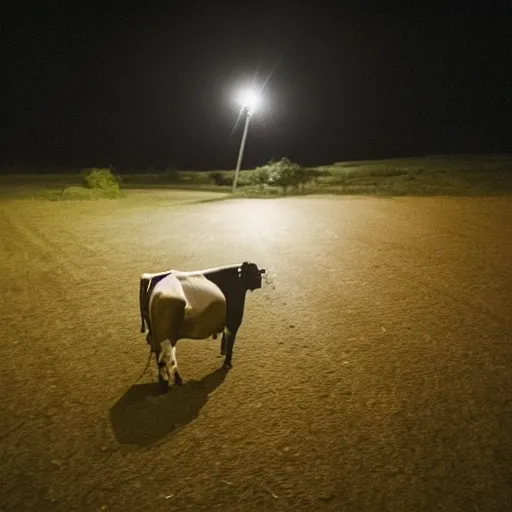 Prompt: a cow floating at night, pov inside a car