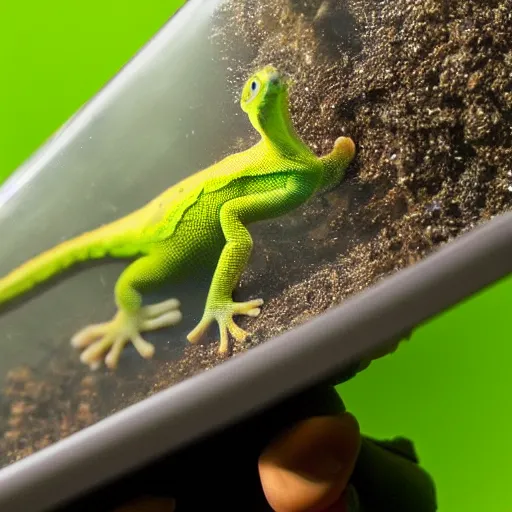 Image similar to mark zuckerberg / gecko sitting inside a terrarium