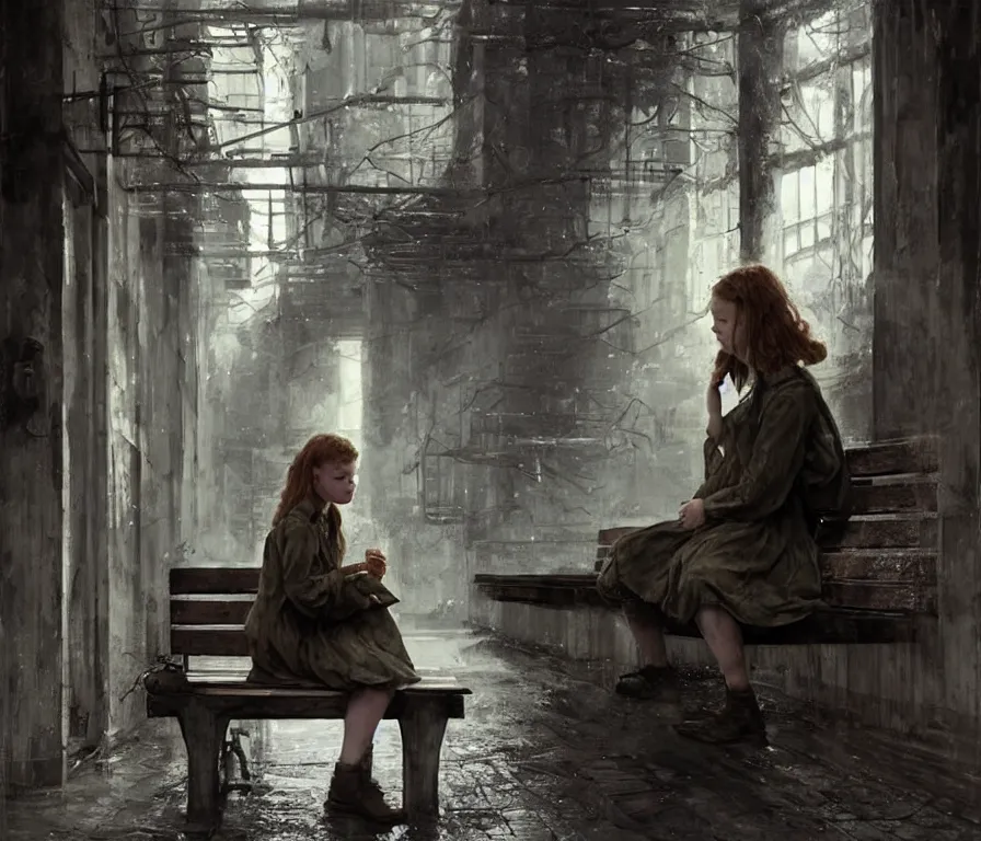 Image similar to sadie sink in oversized school uniform. waits on a bench | a bench along a wall. next to a door. in an office building. concept art for scifi dystopian film. by nikolay makovsky, bob byerley, wadim kashin, andrea kowch. cinematic moody atmosphere, detailed and intricate, perfect anatomy