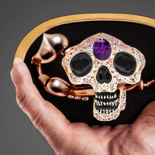 Image similar to opened mouth panther skull with gold teeth and gems inlaid skull, matte black, rose gold, amethyst, high coloration, ambient lightning, ultra wide lens, focused, highly detailed, 8 k