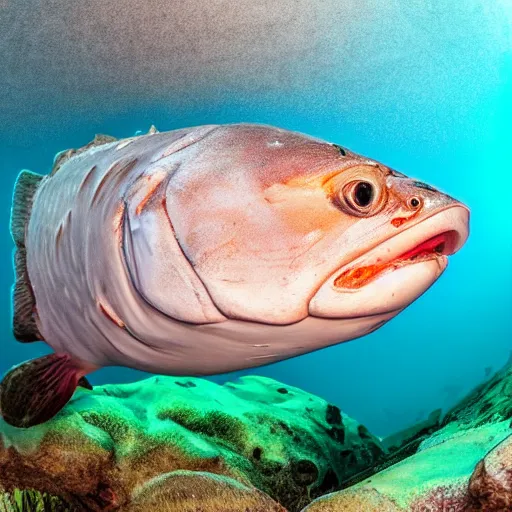 Image similar to incredibly detailed atlantic cod, wide angle shot, backlit, very realistic, underwater, beautiful photo, national geographical, underwater photography, gopro,