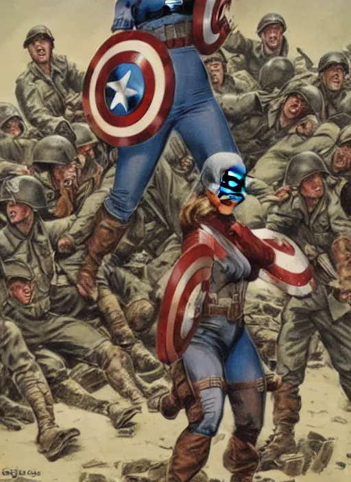 Prompt: female captain america standing on a pile of defeated german soldiers. female captain america wins wwii. american wwii propaganda poster by james gurney. ve day