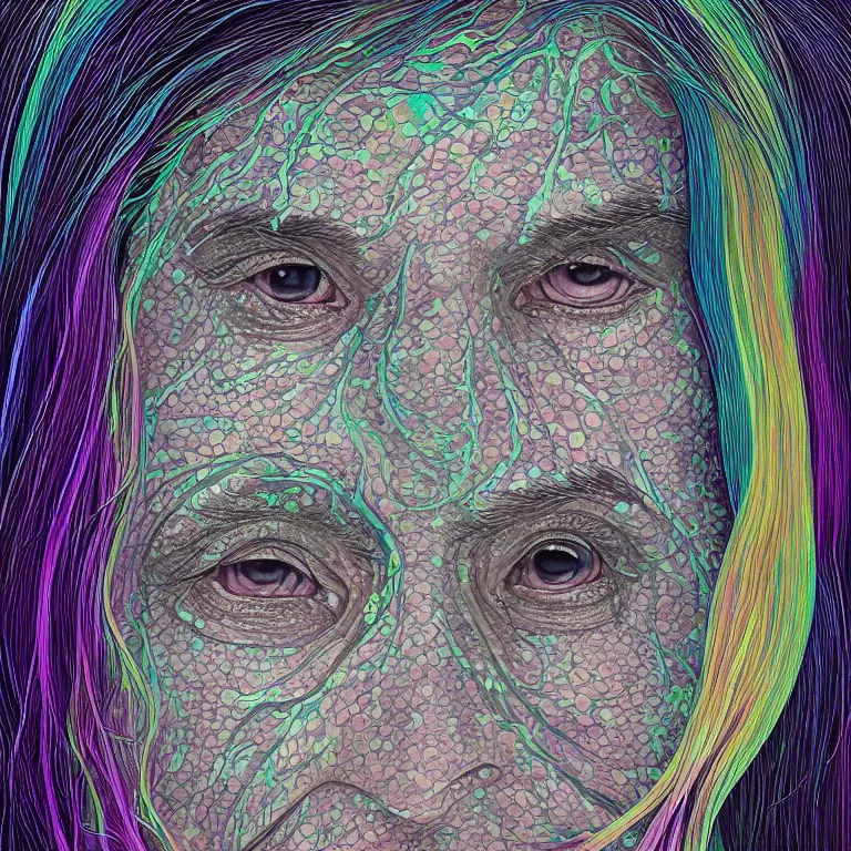 Prompt: dark underwater portrait of one bioluminescent old woman, with cracked reaction diffusion transparent skin. multicolored fish scales, face closeup. long intricate dark hair. good face proportions. with many jellyfishes. very high detail, illustration, by alex grey and ilya kuvshinov