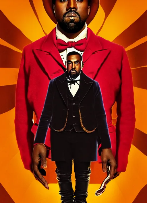 Prompt: portrait kanye west as willy wonka in django unchained, splash art, movie still, cinematic lighting, ray tracing, octane render, long lens, shallow depth of field, bokeh, anamorphic lens flare, 8 k, hyper detailed, 3 5 mm film grain