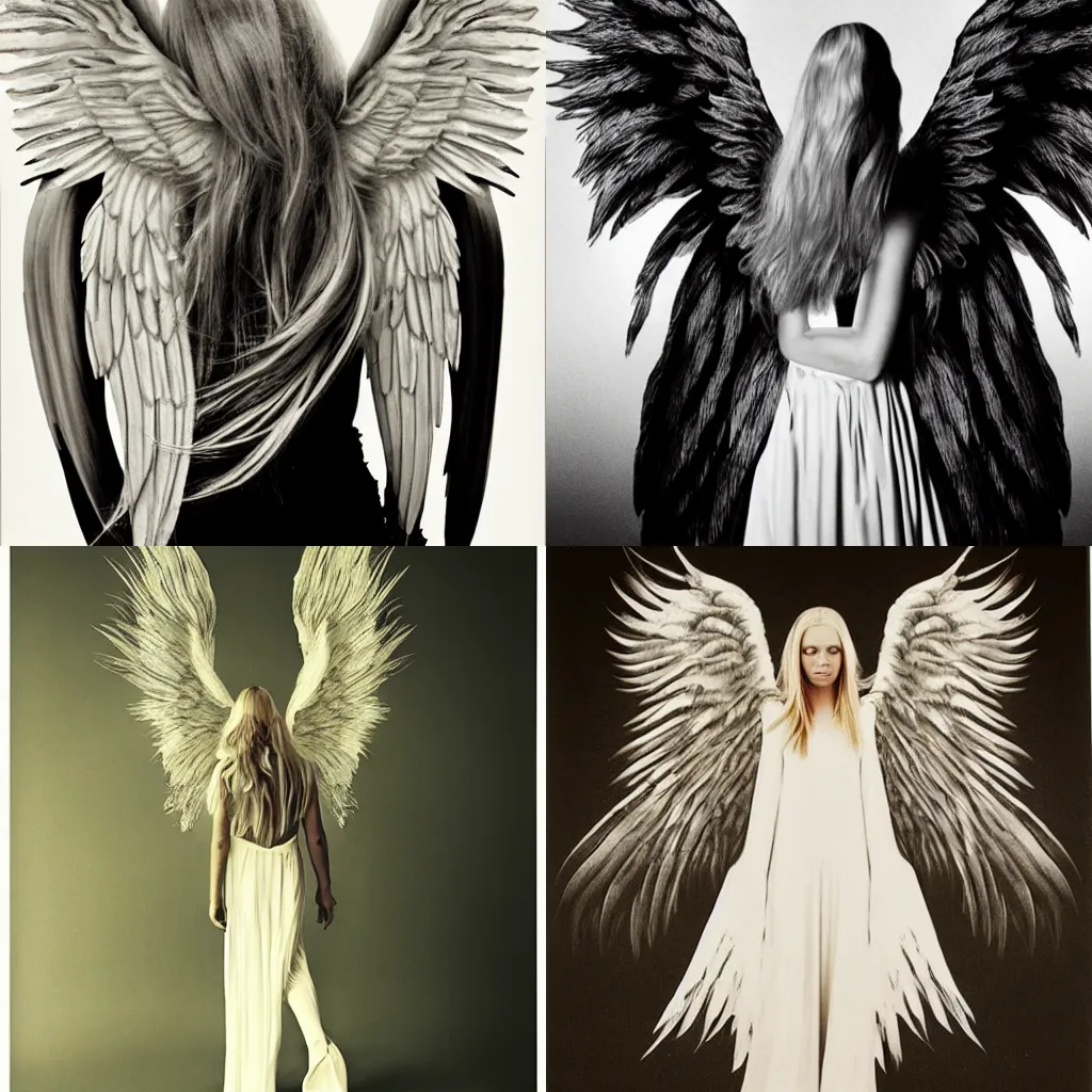 Prompt: an angel with long blond hair and giant wings, illustration, high detail, anton corbijn