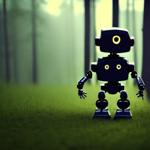 Image similar to a cute little robot in a wood. super realistic 8 k render of a dark hooded powerful elegant, cinematic composition