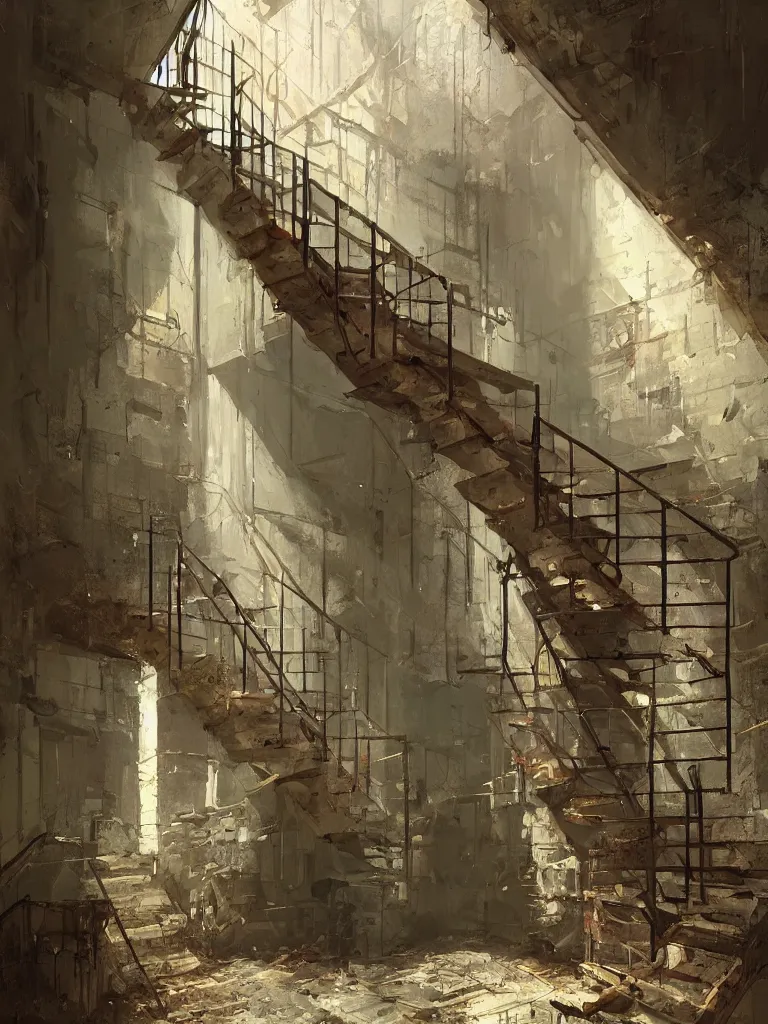 Image similar to down a basement staircase in a painting from stalenhag, 4 k, 8 k, hdr, artstation, concept art