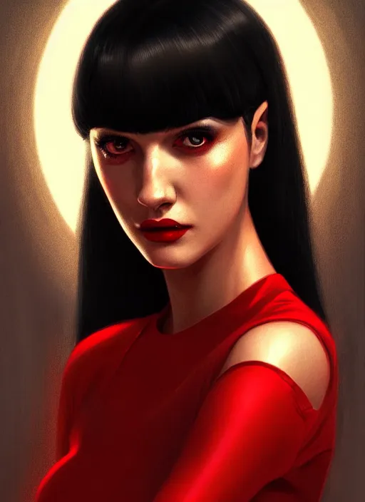 Image similar to portrait of veronica lodge with bangs, vampire, long hair, red clothes, bangs, intricate, elegant, glowing lights, highly detailed, digital painting, artstation, concept art, smooth, sharp focus, illustration, art by wlop, mars ravelo and greg rutkowski