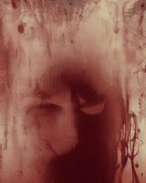 Image similar to an instant photo of a handsome but sinister ghost of a man in layers of fear, with violence in his eyes, 1 9 7 0 s, seventies, woodlands, delicate embellishments, a little blood, crimson, painterly, offset printing technique, by alexandre cabanel, volumetric lightning, moorlands behind him