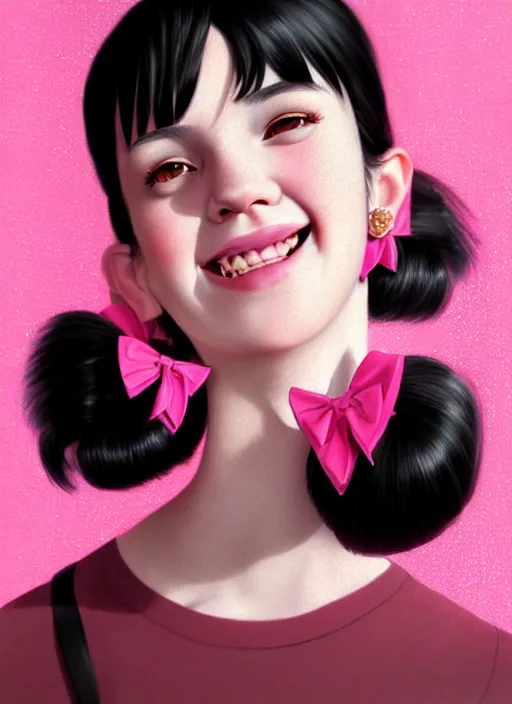 Image similar to portrait of high school girl, realistic, black hair, bangs, half updo hairstyle, pointy nose, skinny, smile, ugly, defined jawline, big chin, pink hair bow, earrings, intricate, elegant, glowing lights, highly detailed, digital painting, artstation, sharp focus, illustration, art by wlop, mars ravelo and greg rutkowski