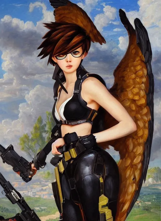 Image similar to oil painting of tracer overwatch in the style of sophie anderson, on knees, angel wings, black outfit,