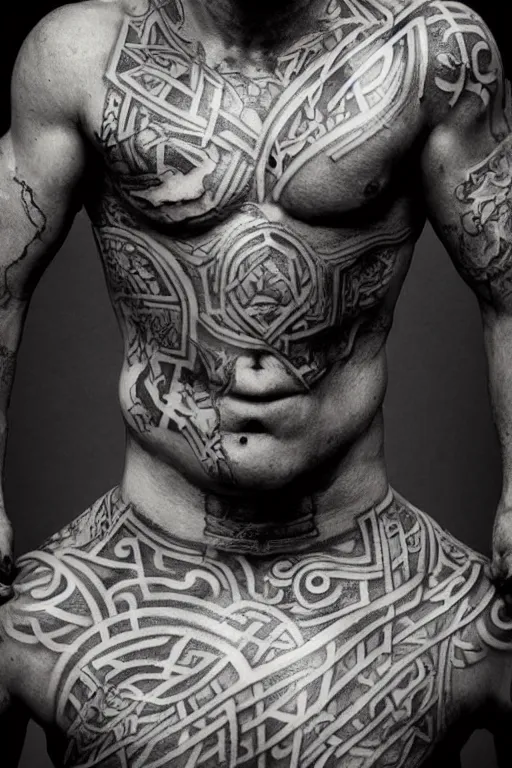 Prompt: centred completely front portrait of a muscular torso covered in runic tattoos front view, art by Ruan Jia , Moebious, Craig Mullin, and Nick Knight