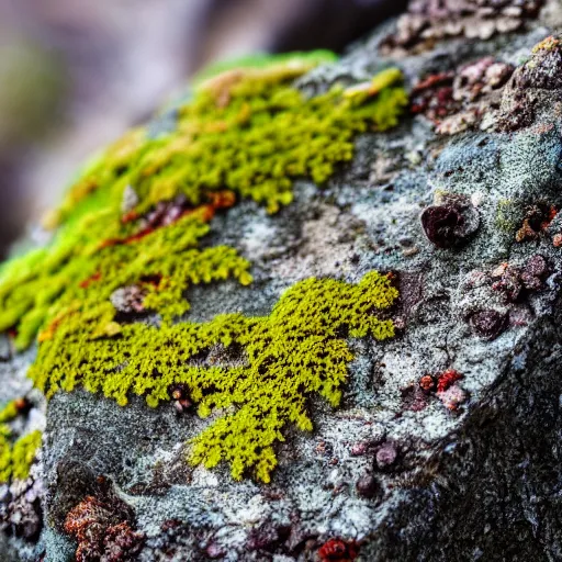 Prompt: closeup of bright lichens on a rock trough a condensed glass, macro, DSLR, sony a7III, nature photography, shallow depth of field, 4K, sharp details