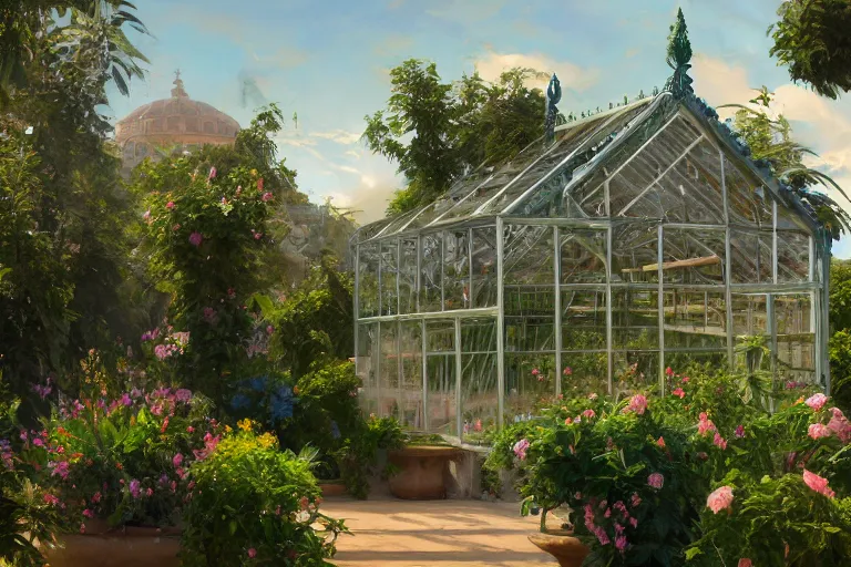 Image similar to weed greenhouse, rococo style, greek architecture, green marble building, marijuana trees, multicolored weed leaves, dynamic lighting, landscape, artwork by jeremy lipkin and giuseppe dangelico pino and michael garmash and rob rey and greg manchess and huang guangjian and makoto shinkai, pixiv, 1 0 0 mm