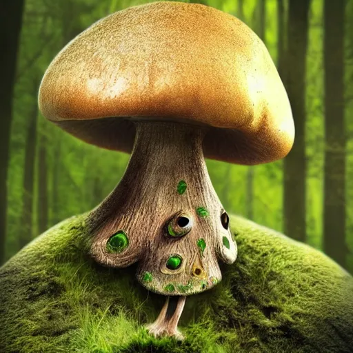 Prompt: a mushroom creature, humanoid face, photorealistic, full body, artistic, forest colors