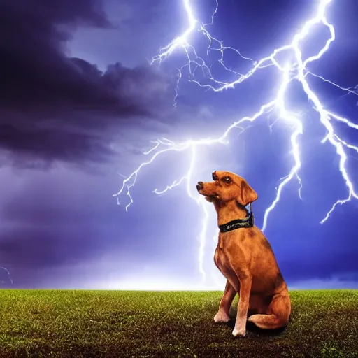 Prompt: a canine holding thor's hammer in its paw, dramatic lightning background, flying