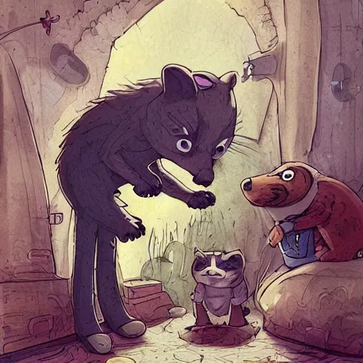 Prompt: Frank Dillane petting raccoons, comical, funny, cute, cartoon, digital painting, old english, whimsical background by marc simonetti, artwork by liam wong