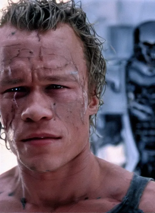 Image similar to film still of Heath Ledger as The Terminator in The Terminator, 4k