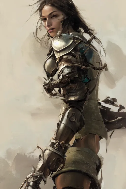 Image similar to a photorealistic painting of an attractive young girl, partially clothed in battle armor, olive skin, long dark hair, beautiful bone structure, symmetrical facial features, perfect eyes, intricate and elegant, digital painting, concept art, illustration, sharp focus, minimal artifacts, from Metal Gear, in the style of Ruan Jia and Mandy Jurgens, by Greg Rutkowski, trending on Artstation, award winning