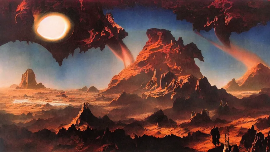 Image similar to journey to the center of the universe by frank frazetta and bruce pennington, cinematic matte painting