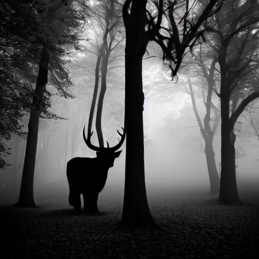 Image similar to deep misty forest with big black horned demon behind the tree, monochrome lomography