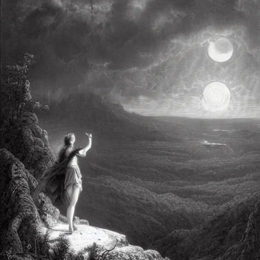 Prompt: A female wanderer looks from a mountaintop, mountains, gorgeous view, velly distant forest, distant city, distant glow, night, moon, dramatic light, Chiaroscuro, long shadows, dark, thunderclouds, masterpiece, high detail, detailed, illustration by Paul Gustave Doré