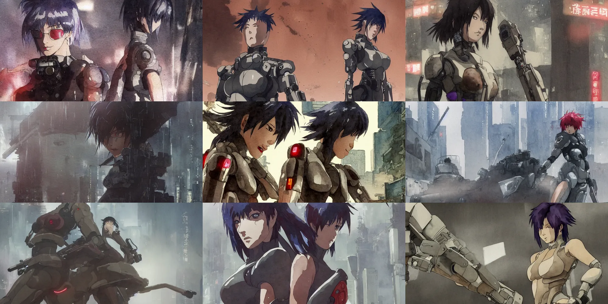 Prompt: incredible screenshot, simple watercolor, masamune shirow ghost in the shell movie scene close up broken Kusanagi tank battle, brown mud, dust, tank with legs, robot arm, ripped to shreds, serene woman face profile shot ,light rain, red katakana advertisements on buildings, hd, 4k, remaster, dynamic camera angle, deep 3 point perspective, fish eye, dynamic scene