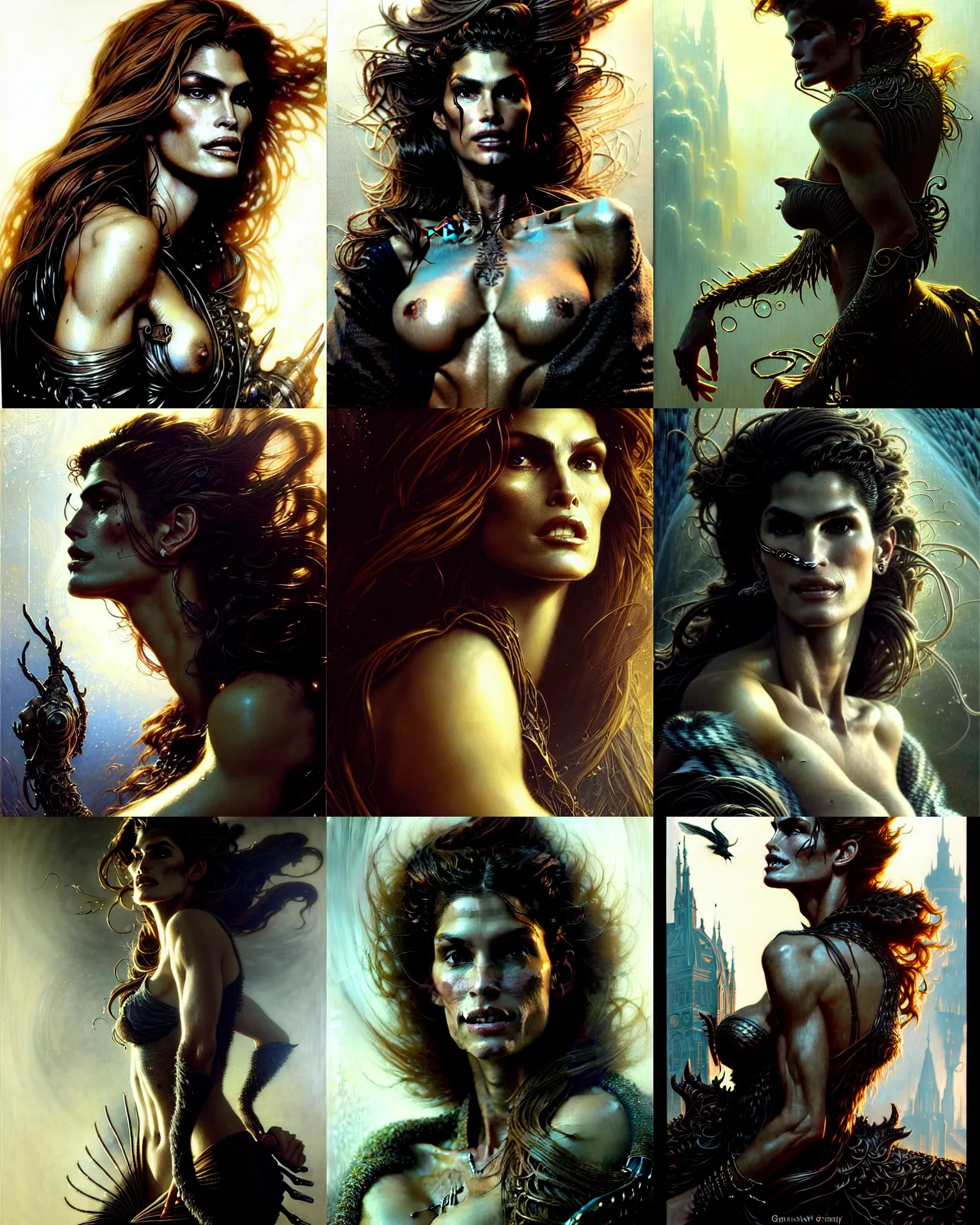 Prompt: a portrait of cindy crawford fantasy character portrait, ultra realistic, cinematic, concept art, wide angle, intricate details, hologram, highly detailed by greg rutkowski, aaron horkey, gaston bussiere, craig mullins, simon bisley, arthur rackham