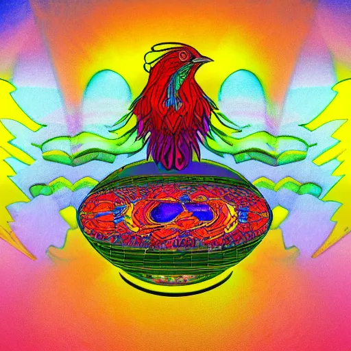 Prompt: the solarpunk phoenix, red bird, ornate egg, regeneration, landscape, epic composition, volumetric light, bokeh, inspired by monet and by alphonse mucha