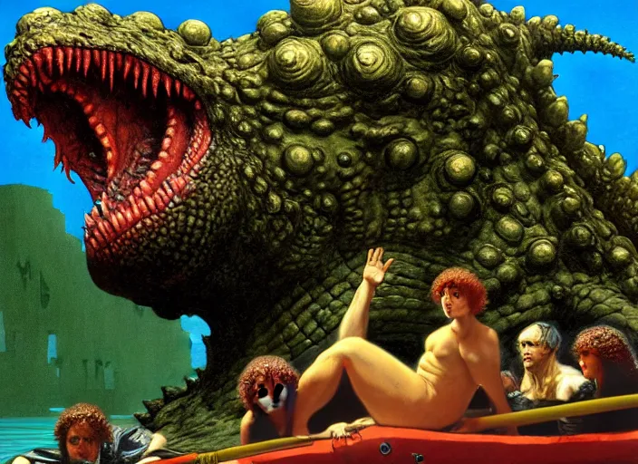 Image similar to photo of wet slimy godzilla attacking the raft of the medusa, by lawrance alma - tadema by roger corman by richard corben by rick baker, fujifilm velvia 5 0. masterpiece. intricate, hyper realism, high detail, octane render, unreal engine, 8 k, by katsuhiro otomo
