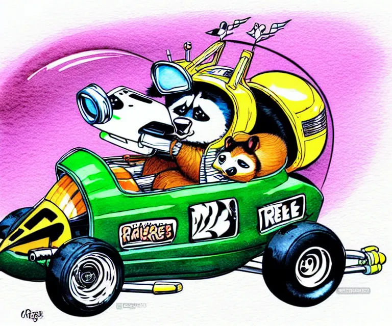 Prompt: cute and funny, racoon wearing a helmet riding in a tiny top fuel dragster funny car, ratfink style by ed roth, centered award winning watercolor pen illustration, isometric illustration by chihiro iwasaki, edited by range murata