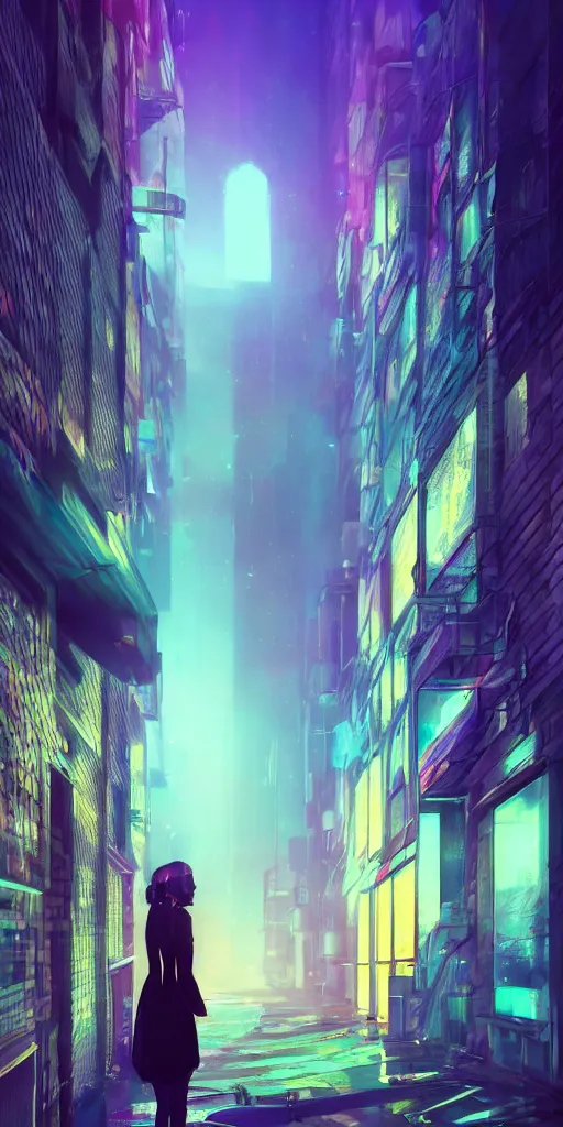 Prompt: beautiful young girl hiding behind a dumpster in an alley between dichroic glass buildings, black flying cars, golden ratio, volumetric lighting, neon, mist, reflective, artstation,