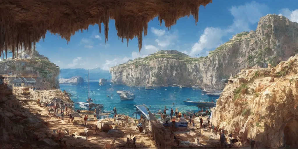 Image similar to looking out a train window, a mediterranean phoenician fishing village, over a chalk cliff, highly detailed, digital painting, artstation, concept art, sharp focus, illustration, art by artgerm and greg rutkowski and raphael lacoste and magali villeneuve