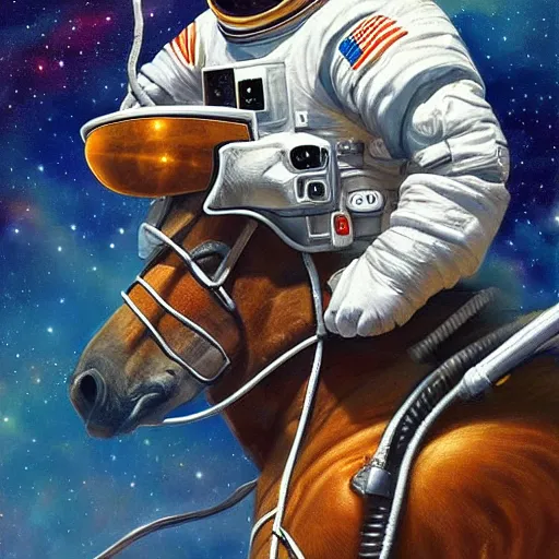 Image similar to award winning painting of an astronaut riding a horse in outer space, character art, sci-fi, high-detailed, vivid, trending on artstation