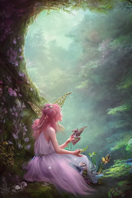 Image similar to a cute and geogerous fairy in the dreamy forest, fantasy, dreamlike, 8 k resolution, hyper detailed, d & d, character design, digital painting, trending on artstation, sharp focus, illustration, art by viktoria gavrilenko, hoang lap, fuji choko, steve zheng,