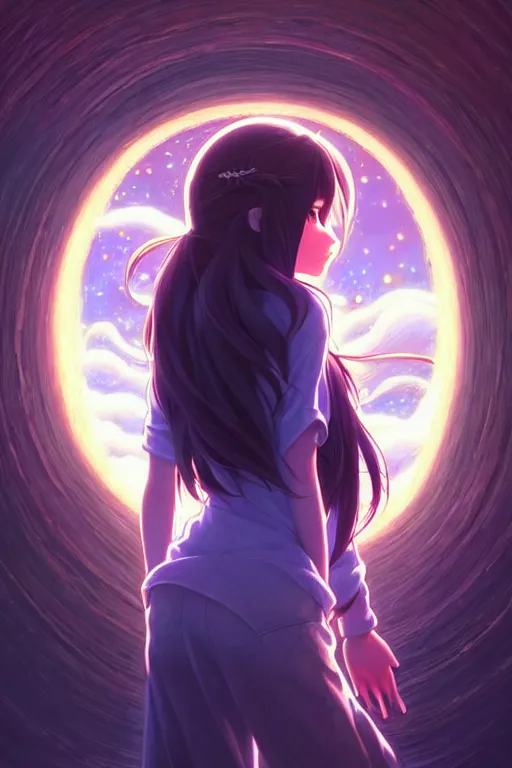 Image similar to a beautiful girl with long dark hair, going through a portal between worlds, intricate, highly detailed, digital painting, artstation, official media, anime key visual, concept art, rich vivid colors, ambient lighting, sharp focus, illustration, art by Artgerm, Makoto Shinkai, Ilya Kuvshinov, Lois Van Baarle, and Rossdraws