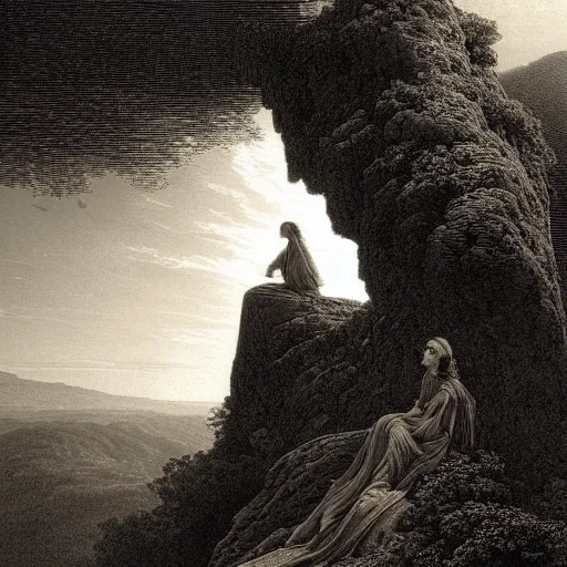 Prompt: A lonely woman looks down from a gigantic cliff, mountains, gorgeous view, lush valley, distant forest, spirals, distant city, distant glow, night, sunset, dramatic light, Chiaroscuro, long shadows, dark, masterpiece, high detail, detailed, illustration by Paul Gustave Doré