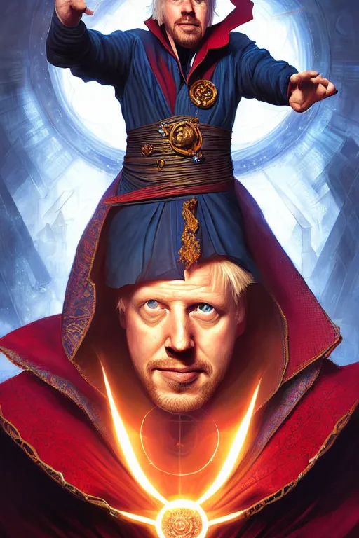 Prompt: Boris Johnson as Doctor Strange, armor plate, realistic portrait, symmetrical, highly detailed, digital painting, artstation, concept art, smooth, sharp focus, illustration, cinematic lighting, art by artgerm and greg rutkowski and alphonse mucha