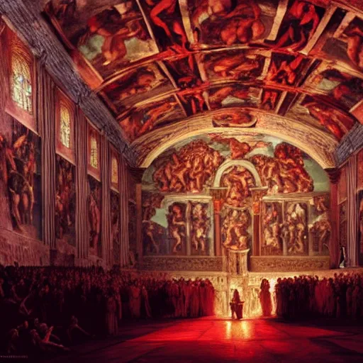 Image similar to the sistine chapel's ceiling is broken is half as a red magical portal from hell opens up, lucifer morningstar emerges along with a few demons, the priests and the pope look at the scene with terror in their eyes. highly detailed painting by gaston bussiere, greg rutkowski, craig mullins 8 k